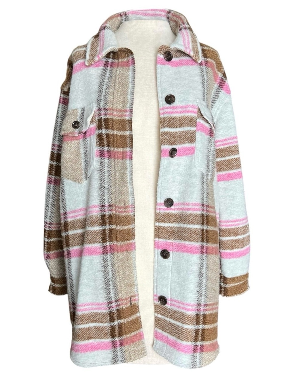 JOIE Women's Cozy Fall Brown Pink Plaid Oversized Button Up Coat Jacket Sz M